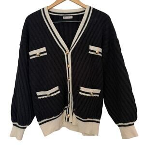 Women SMF Varsity Black/Cream Office/Workwear Knit Cozy Cardigan Sweater-XL
